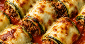 Roulés de courgettes gratinés à la viande hachée, nappés de sauce tomate et de mozzarella fondue, servis dans un plat familial doré au four.