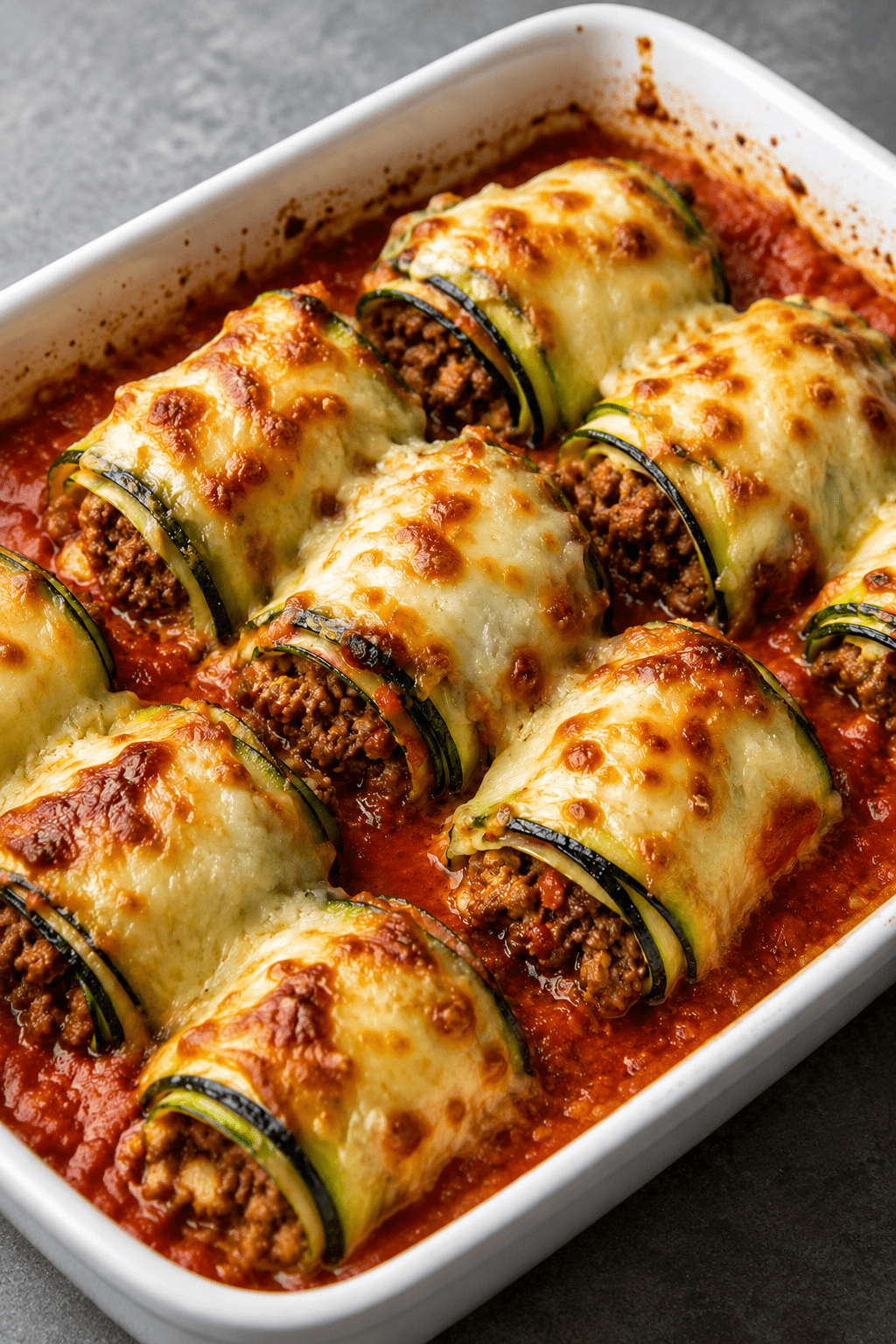 Roulés de courgettes gratinés à la viande hachée, nappés de sauce tomate et de mozzarella fondue, servis dans un plat familial doré au four.