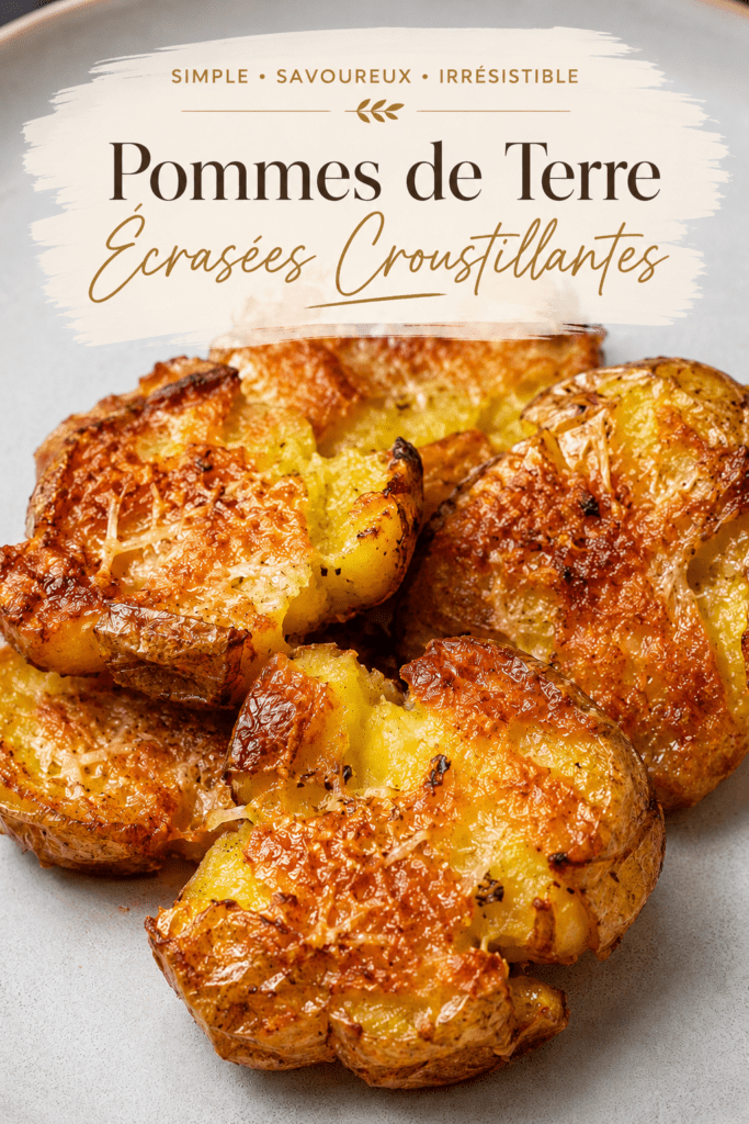 Pommes de terre écrasées croustillantes au parmesan, bien dorées au four, avec une surface croustillante, des herbes et du parmesan gratiné.