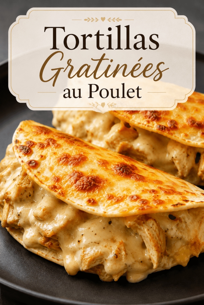 Tacos gratiné au poulet avec sauce fromagère crémeuse, tortillas dorées au four, fromage râpé gratiné et garniture fondante.