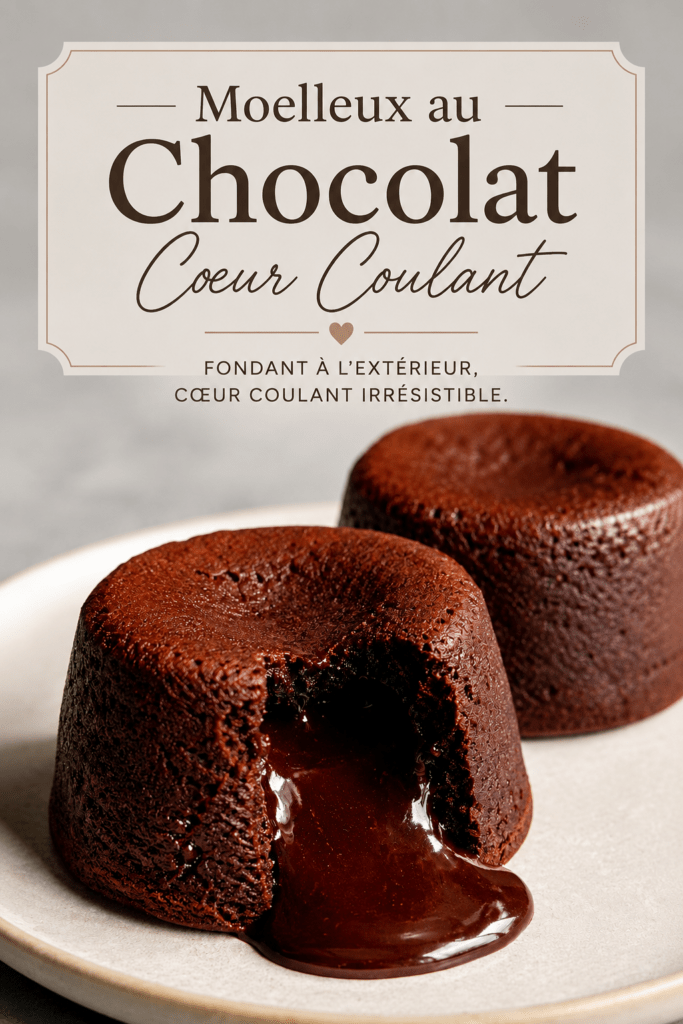 Fondant au chocolat cœur coulant servi tiède, avec un intérieur chocolat fondu, une texture moelleuse et une surface légèrement craquelée.