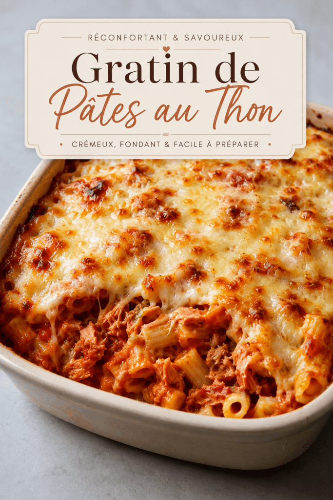 Gratin de pâtes au thon, sauce tomate et fromage râpé, bien doré au four dans un plat familial, avec une texture fondante et gratinée.