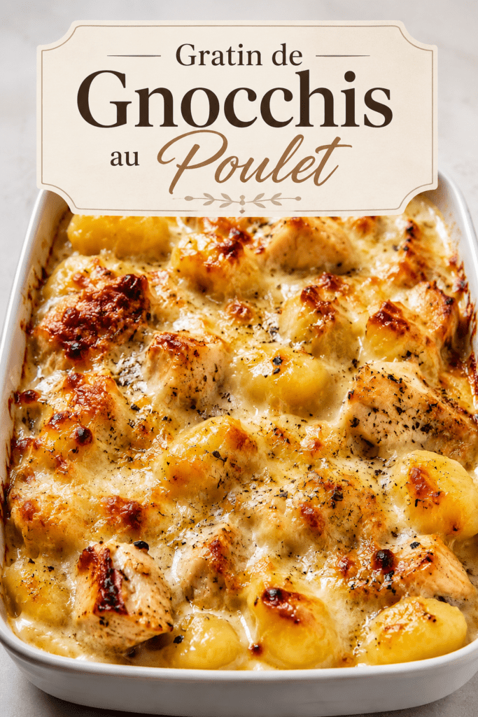 Gratin de gnocchis au poulet et fromage, bien doré au four, avec une sauce crémeuse, des morceaux de poulet et du fromage fondu.