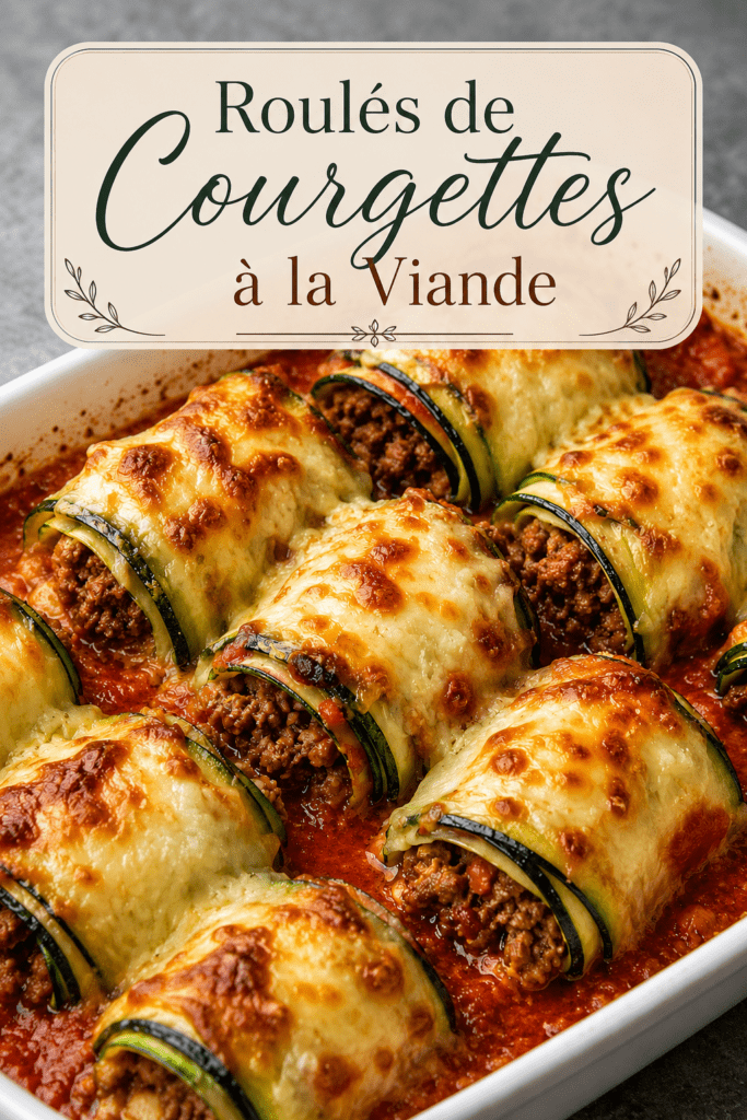 Roulés de courgettes gratinés à la viande hachée, nappés de sauce tomate et de mozzarella fondue, servis dans un plat familial doré au four.