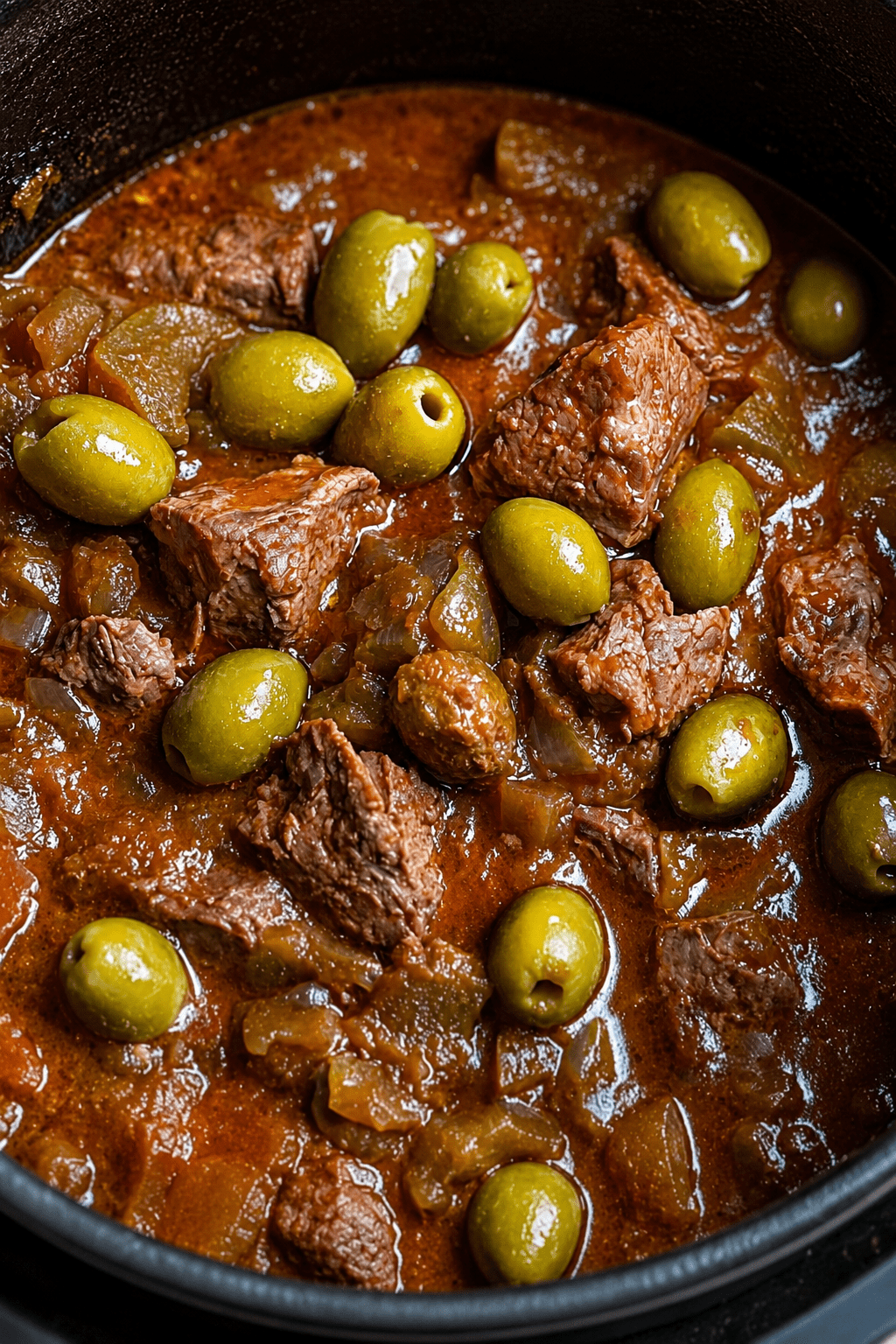 Bœuf mijoté aux olives vertes servi dans une cocotte, avec morceaux de viande fondants, sauce tomate épaisse, oignons et olives vertes.