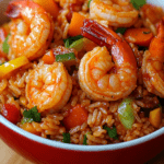 Riz créole aux crevettes servi chaud dans une assiette, avec riz long grain, crevettes roses, poivrons rouges et jaunes, carottes et herbes fraîches.