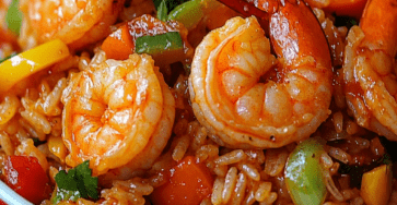 Riz créole aux crevettes servi chaud dans une assiette, avec riz long grain, crevettes roses, poivrons rouges et jaunes, carottes et herbes fraîches.
