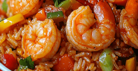 Riz créole aux crevettes servi chaud dans une assiette, avec riz long grain, crevettes roses, poivrons rouges et jaunes, carottes et herbes fraîches.