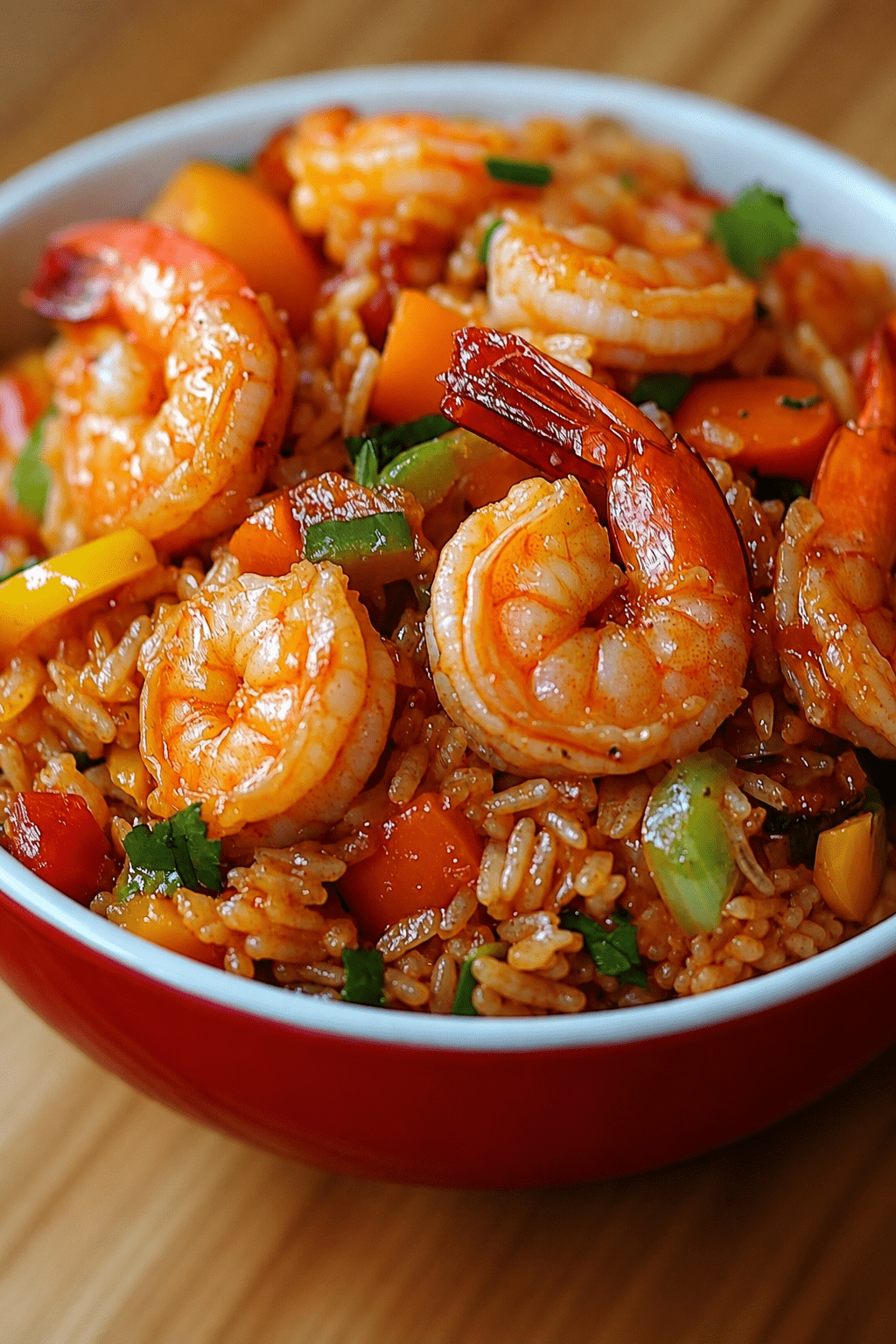 Riz créole aux crevettes servi chaud dans une assiette, avec riz long grain, crevettes roses, poivrons rouges et jaunes, carottes et herbes fraîches.
