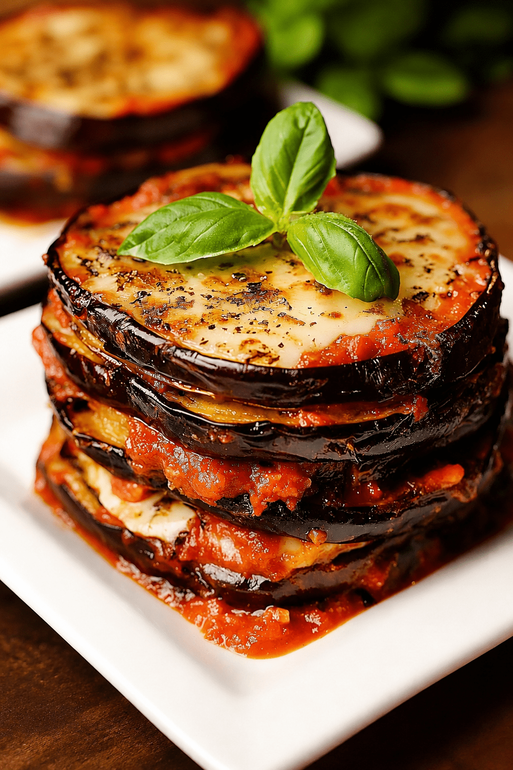 Millefeuille italien d’aubergines gratinées servi dans un plat, avec couches d’aubergines dorées, sauce tomate, mozzarella fondue, parmesan et basilic frais.