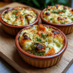 Mini cocottes gratinées aux légumes avec pommes de terre, carottes, brocoli, crème à la moutarde à l’ancienne et fromage doré au four.