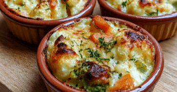 Mini cocottes gratinées aux légumes avec pommes de terre, carottes, brocoli, crème à la moutarde à l’ancienne et fromage doré au four.