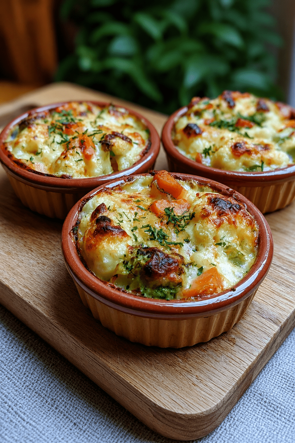 Mini cocottes gratinées aux légumes avec pommes de terre, carottes, brocoli, crème à la moutarde à l’ancienne et fromage doré au four.