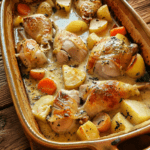 Lapin à la crème servi en cocotte avec pommes de terre fondantes, carottes, sauce crémeuse à la moutarde, thym et laurier.