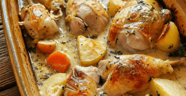 Lapin à la crème servi en cocotte avec pommes de terre fondantes, carottes, sauce crémeuse à la moutarde, thym et laurier.