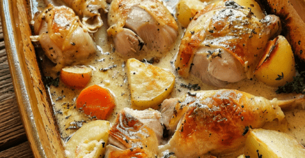 Lapin à la crème servi en cocotte avec pommes de terre fondantes, carottes, sauce crémeuse à la moutarde, thym et laurier.