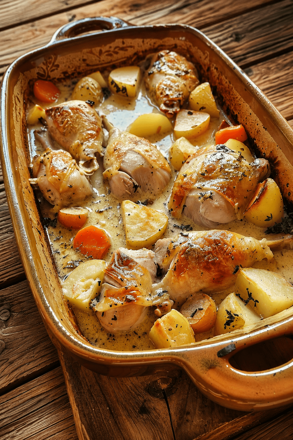 Lapin à la crème servi en cocotte avec pommes de terre fondantes, carottes, sauce crémeuse à la moutarde, thym et laurier.