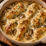 Blancs de poulet farcis au fromage frais ail et fines herbes, nappés de sauce crémeuse aux champignons et gratinés au fromage râpé.