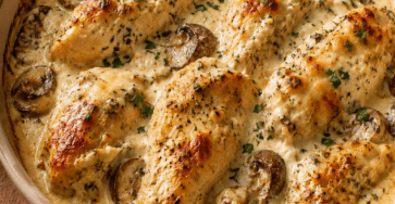 Blancs de poulet farcis au fromage frais ail et fines herbes, nappés de sauce crémeuse aux champignons et gratinés au fromage râpé.