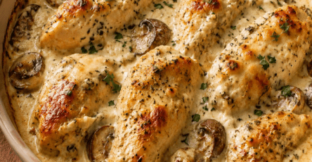 Blancs de poulet farcis au fromage frais ail et fines herbes, nappés de sauce crémeuse aux champignons et gratinés au fromage râpé.