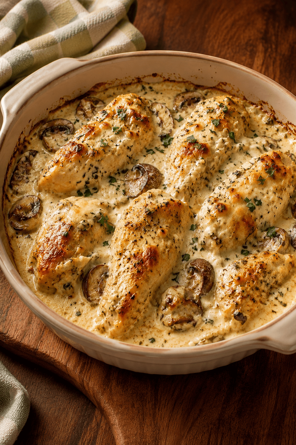 Blancs de poulet farcis au fromage frais ail et fines herbes, nappés de sauce crémeuse aux champignons et gratinés au fromage râpé.