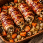 Filets de poulet farcis au fromage fondant et champignons, enroulés de bacon croustillant, servis avec carottes, oignons et champignons rôtis.