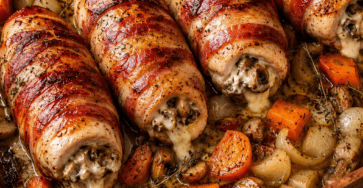 Filets de poulet farcis au fromage fondant et champignons, enroulés de bacon croustillant, servis avec carottes, oignons et champignons rôtis.