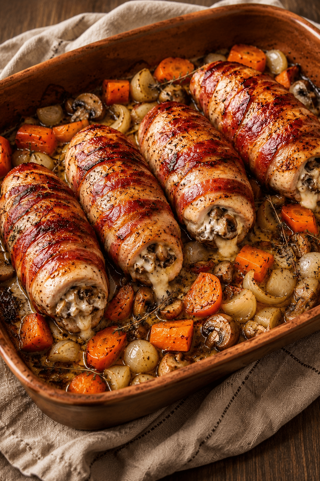 Filets de poulet farcis au fromage fondant et champignons, enroulés de bacon croustillant, servis avec carottes, oignons et champignons rôtis.
