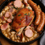 Cassoulet fermier servi en cocotte avec haricots blancs fondants, cuisses de confit de canard dorées, saucisses de Toulouse, lardons et persil frais.