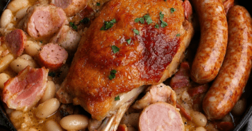 Cassoulet fermier servi en cocotte avec haricots blancs fondants, cuisses de confit de canard dorées, saucisses de Toulouse, lardons et persil frais.