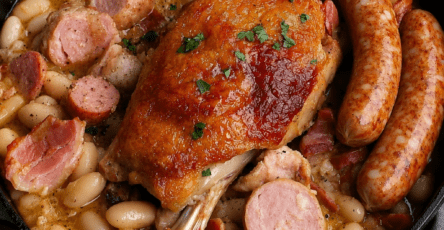 Cassoulet fermier servi en cocotte avec haricots blancs fondants, cuisses de confit de canard dorées, saucisses de Toulouse, lardons et persil frais.