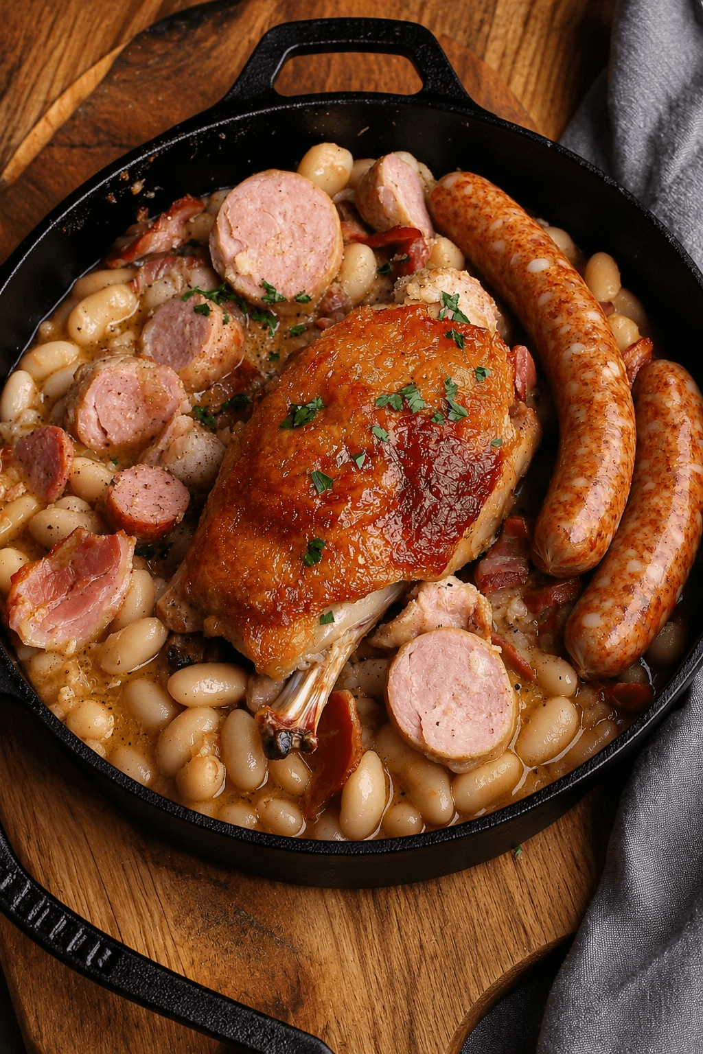 Cassoulet fermier servi en cocotte avec haricots blancs fondants, cuisses de confit de canard dorées, saucisses de Toulouse, lardons et persil frais.