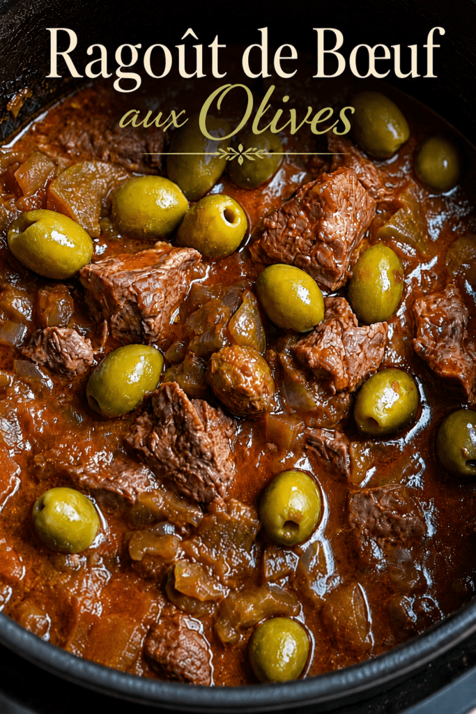 Bœuf mijoté aux olives vertes servi dans une cocotte, avec morceaux de viande fondants, sauce tomate épaisse, oignons et olives vertes.