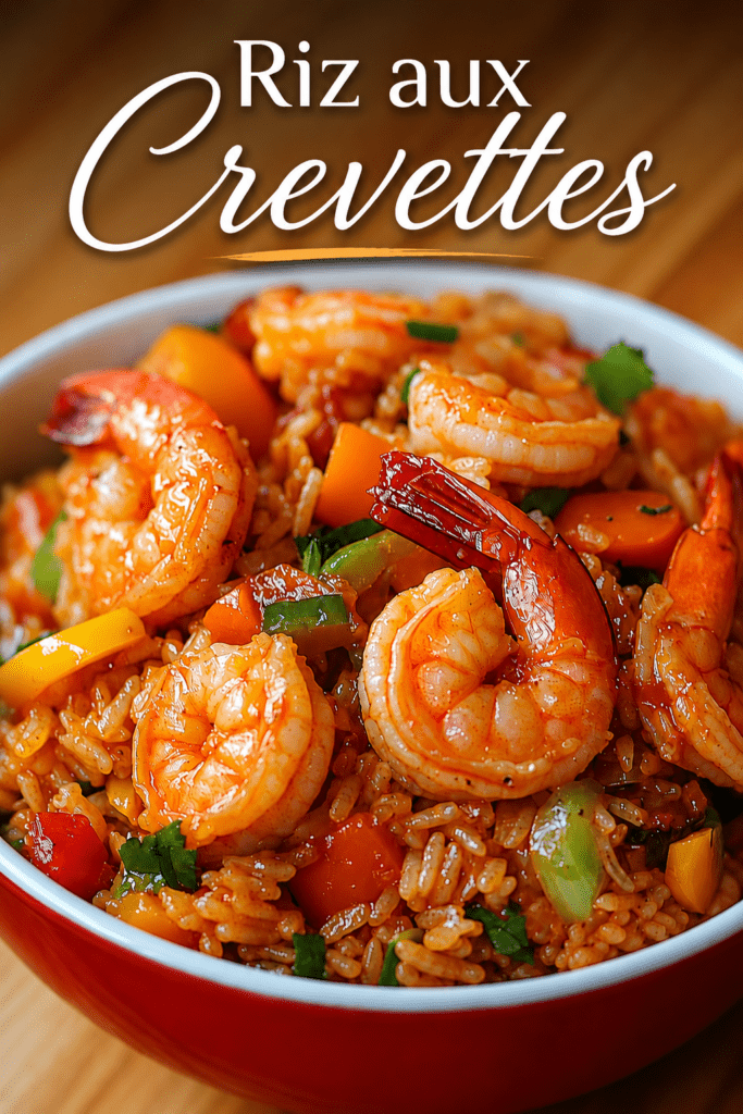 Riz créole aux crevettes servi chaud dans une assiette, avec riz long grain, crevettes roses, poivrons rouges et jaunes, carottes et herbes fraîches.