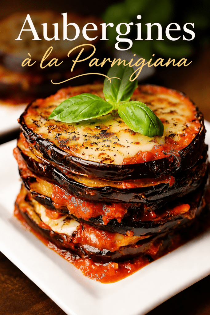 Millefeuille italien d’aubergines gratinées servi dans un plat, avec couches d’aubergines dorées, sauce tomate, mozzarella fondue, parmesan et basilic frais.