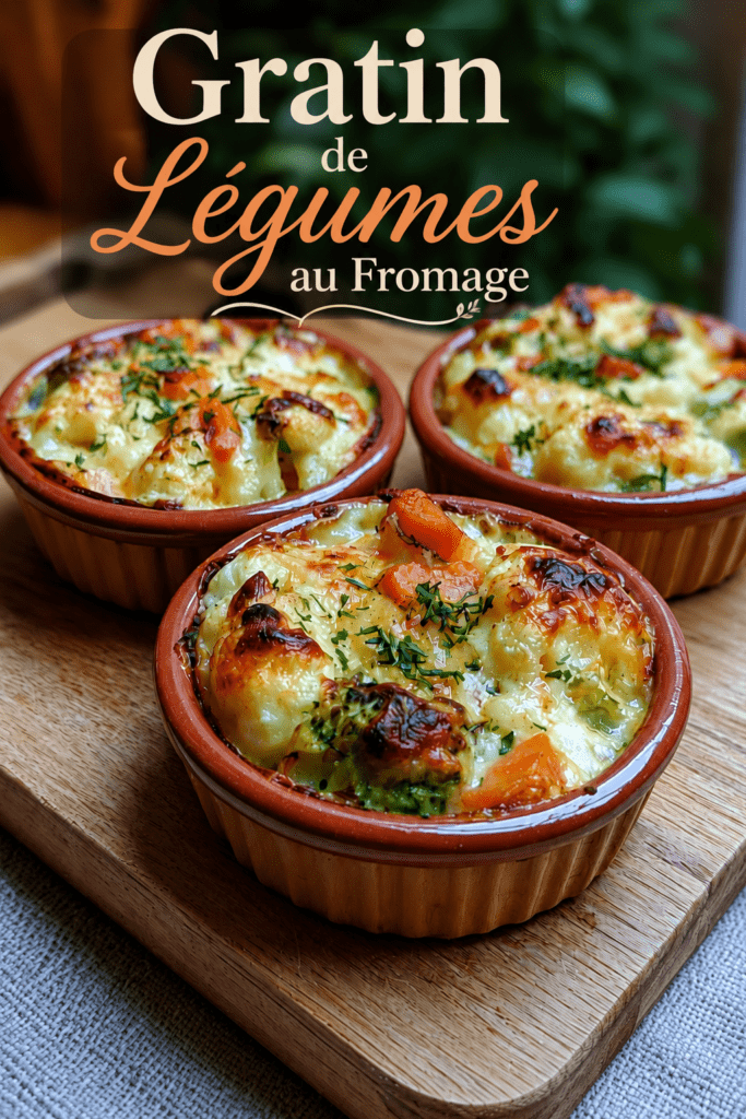 Mini cocottes gratinées aux légumes avec pommes de terre, carottes, brocoli, crème à la moutarde à l’ancienne et fromage doré au four.