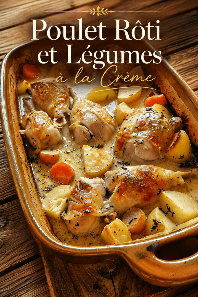 Lapin à la crème servi en cocotte avec pommes de terre fondantes, carottes, sauce crémeuse à la moutarde, thym et laurier.