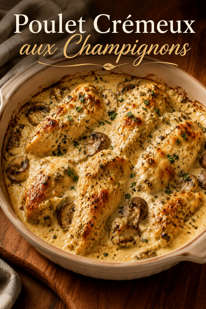 Blancs de poulet farcis au fromage frais ail et fines herbes, nappés de sauce crémeuse aux champignons et gratinés au fromage râpé.