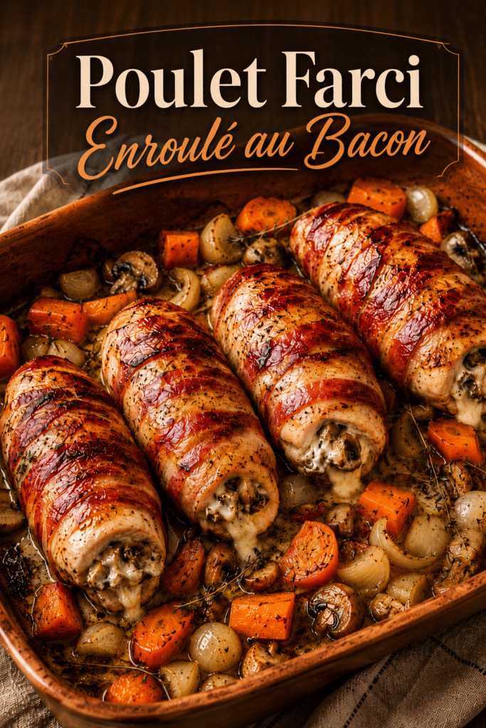 Filets de poulet farcis au fromage fondant et champignons, enroulés de bacon croustillant, servis avec carottes, oignons et champignons rôtis.