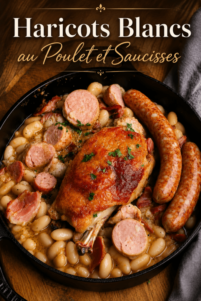 Cassoulet fermier servi en cocotte avec haricots blancs fondants, cuisses de confit de canard dorées, saucisses de Toulouse, lardons et persil frais.