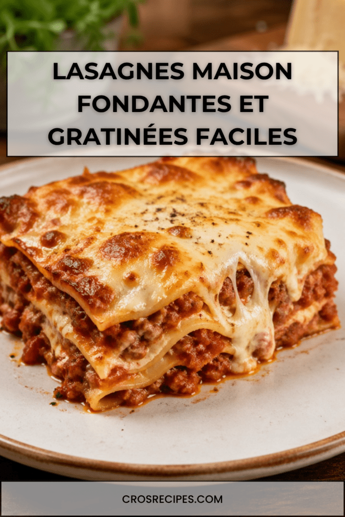 Lasagnes maison fondantes et gratinées servies en part généreuse, avec sauce tomate à la viande, béchamel crémeuse et fromage doré.