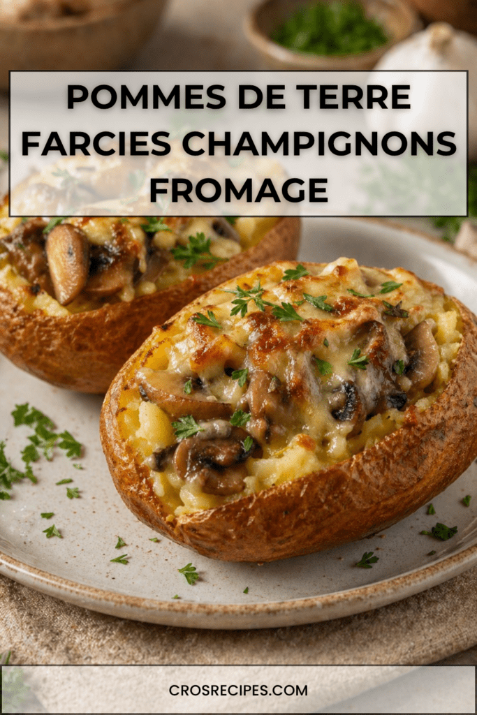 Pommes de terre farcies aux champignons et fromage gratiné, servies chaudes avec une garniture crémeuse et du persil frais.