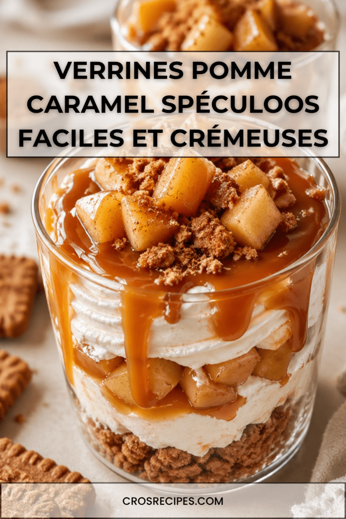 Verrines pomme caramel spéculoos avec crème mascarpone, pommes caramélisées, caramel beurre salé coulant et miettes de spéculoos.