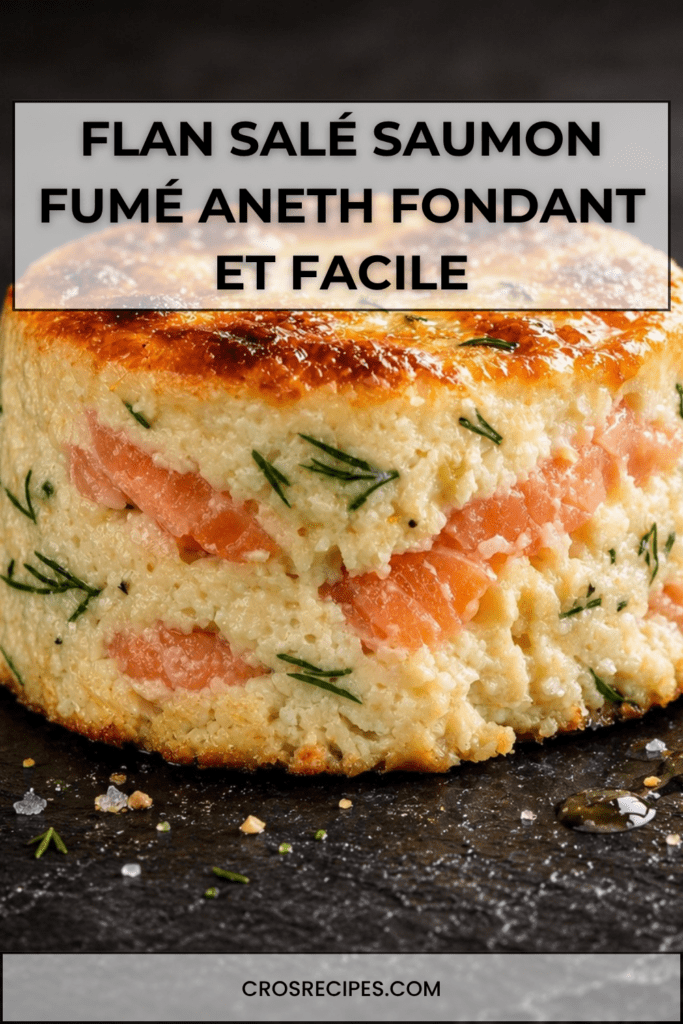 Flan salé au saumon fumé et aneth servi tiède dans une assiette avec salade verte, texture fondante et surface légèrement dorée
