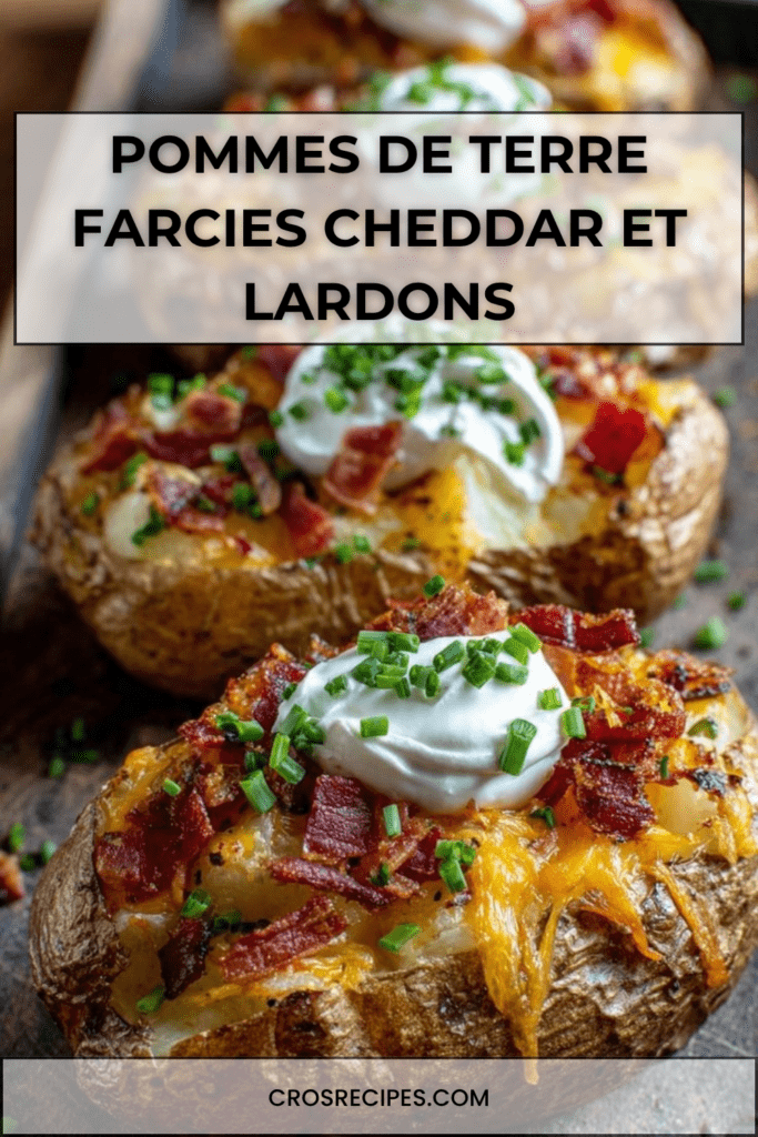 Pommes de terre farcies au cheddar fondu, lardons croustillants, crème fraîche et ciboulette, servies chaudes dans une assiette rustique