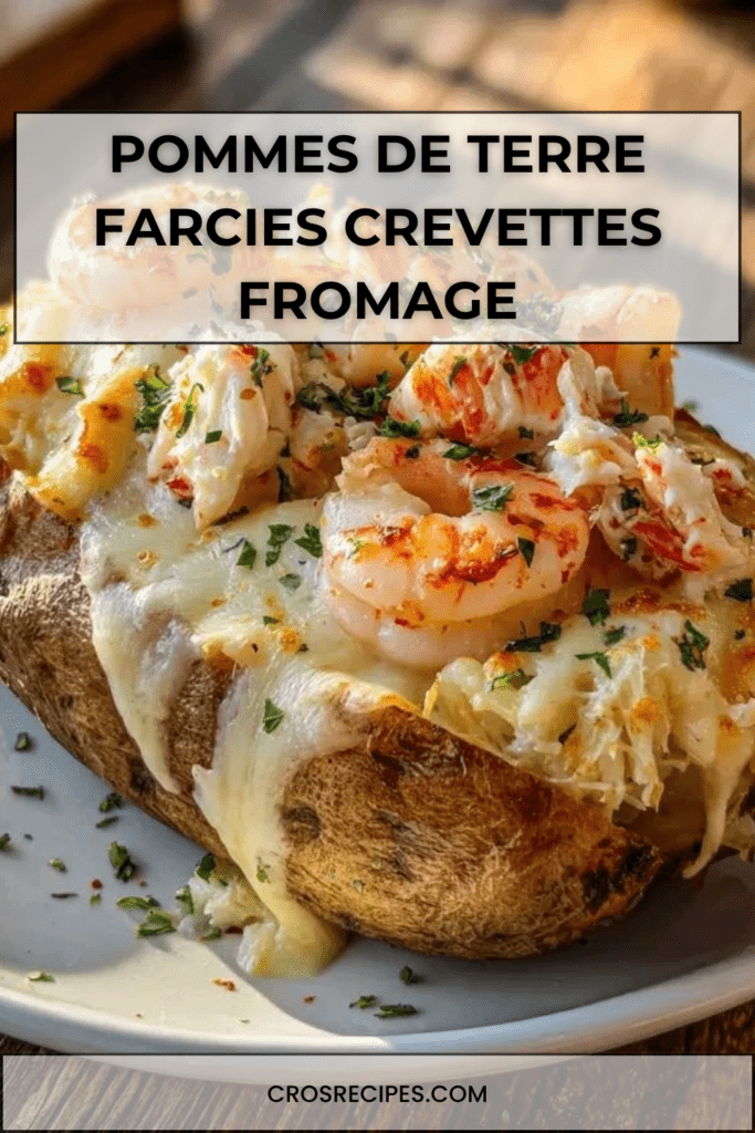 Pommes de terre farcies aux crevettes crémeuses, fromage fondu, ail, paprika et persil frais, servies chaudes dans une assiette gourmande
