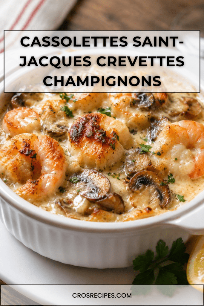 Cassolettes gratinées de noix de Saint-Jacques, crevettes et champignons, nappées de crème, fromage râpé, chapelure et persil frais.