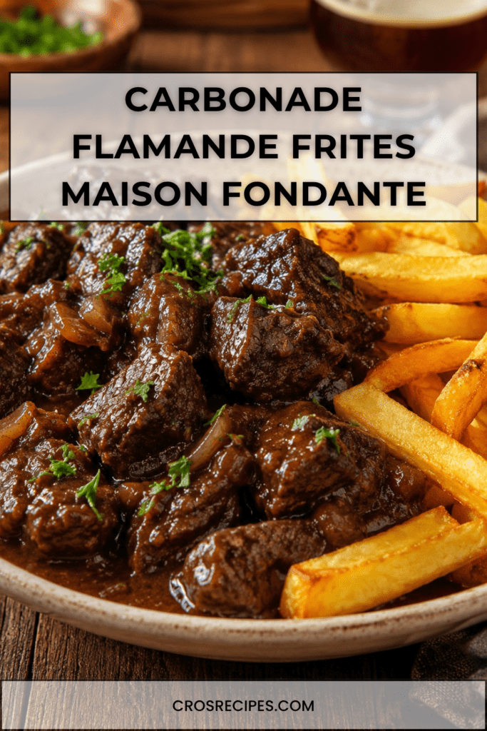 Carbonade flamande servie avec des frites maison croustillantes, morceaux de bœuf fondants dans une sauce brune brillante à la bière et aux oignons.