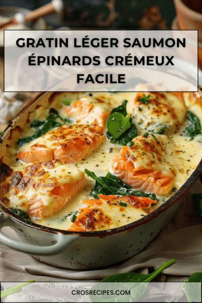 Gratin léger de saumon et épinards dans un plat doré au four, avec morceaux de saumon fondants, épinards verts et sauce crémeuse au yaourt.