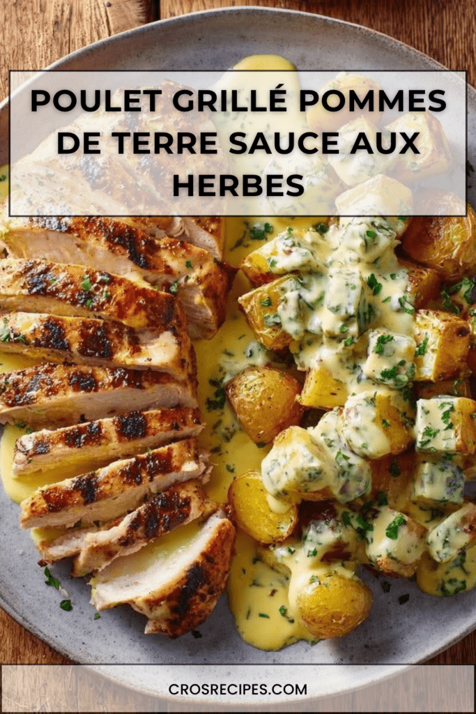 Blancs de poulet grillés coupés en tranches, servis avec des pommes de terre dorées et une sauce crémeuse aux herbes fraîches.